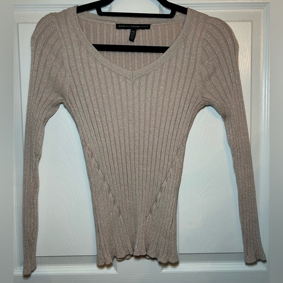 WHBM Ribbed V-Neck Pullover Sweater- Champagne Metallic Gold/ Size XS Pe… - Picture 1 of 4